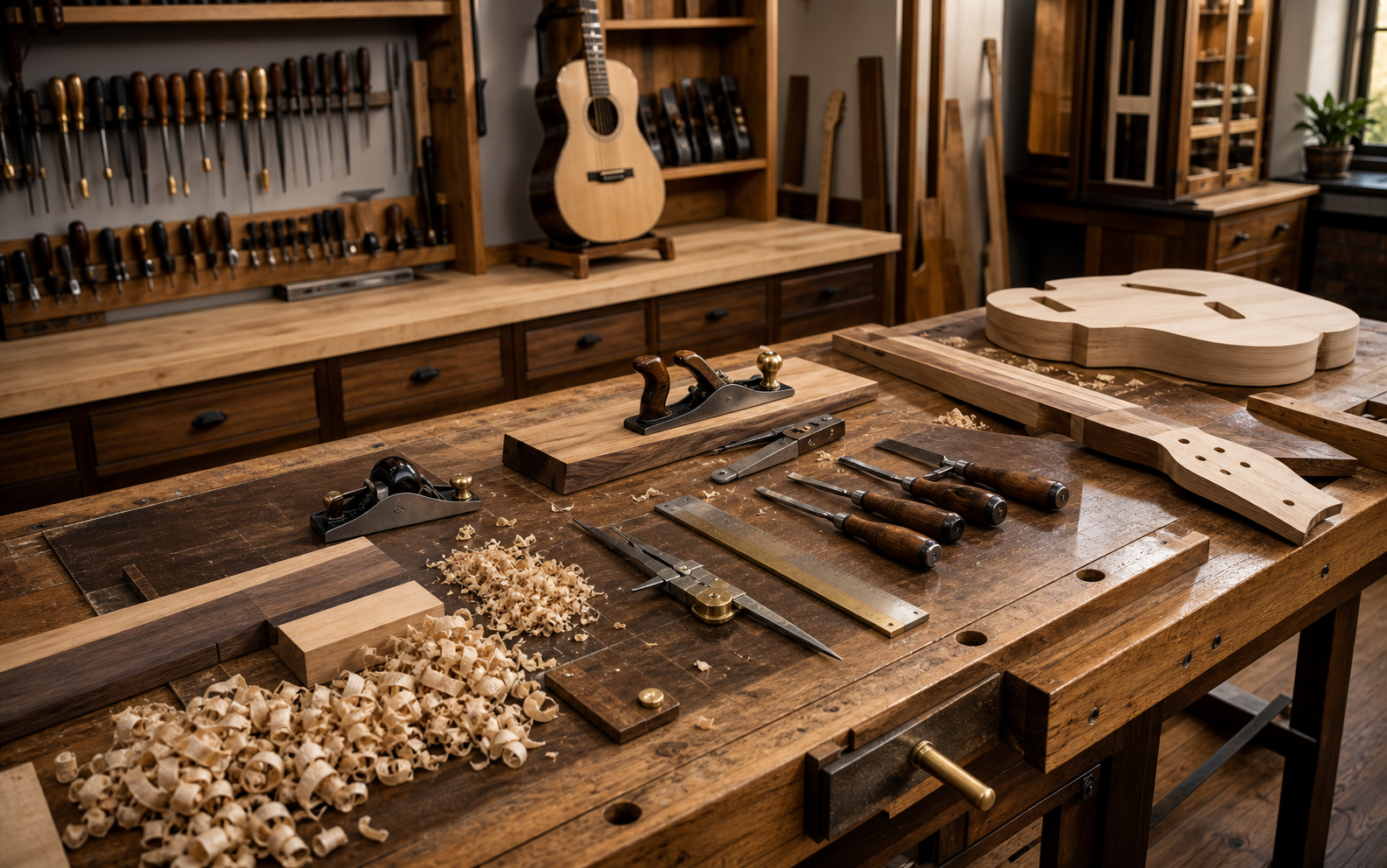 Detailed woodworking tools on a clean luthier workbench